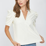 Split Neck Faux Leather Top  Cream