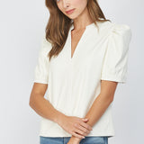 Split Neck Faux Leather Top  Cream