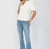 Split Neck Faux Leather Top  Cream