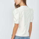 Split Neck Faux Leather Top  Cream