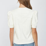 Split Neck Faux Leather Top  Cream