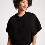 Carnegie Shrug Solid w/Floral Button 100% Merino Wool Black