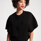 Carnegie Shrug Solid w/Floral Button 100% Merino Wool Black