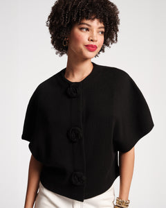 Carnegie Shrug Solid w/Floral Button 100% Merino Wool Black