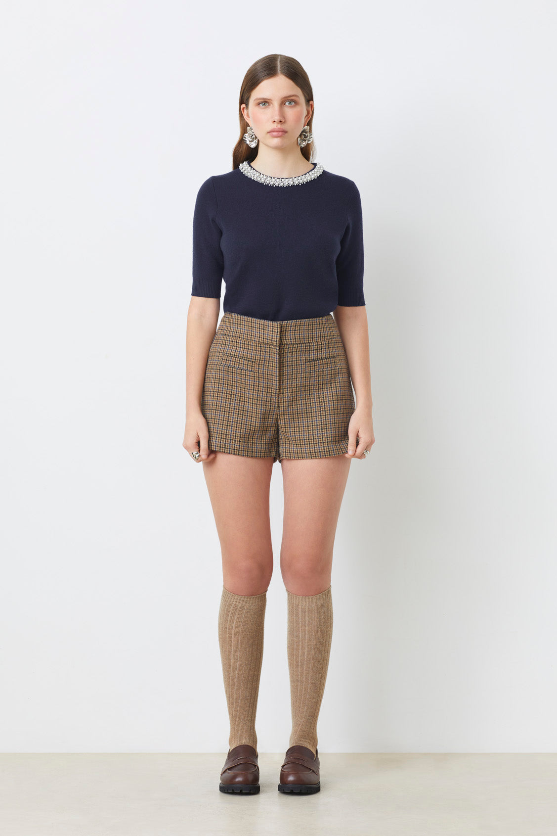 Navy Pearl Short Sleeve Sweater