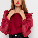 Organza Mixed Smocked Detail Long Sleeve Top