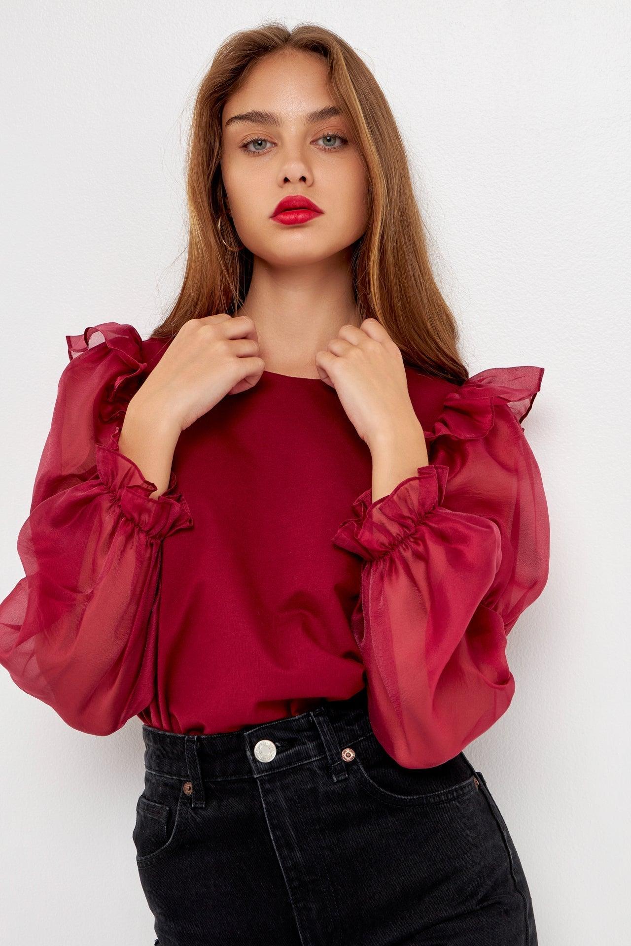 Organza Mixed Smocked Detail Long Sleeve Top