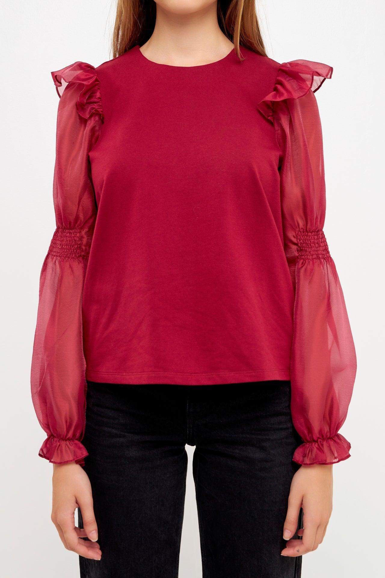Organza Mixed Smocked Detail Long Sleeve Top