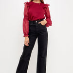 Organza Mixed Smocked Detail Long Sleeve Top