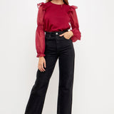 Organza Mixed Smocked Detail Long Sleeve Top