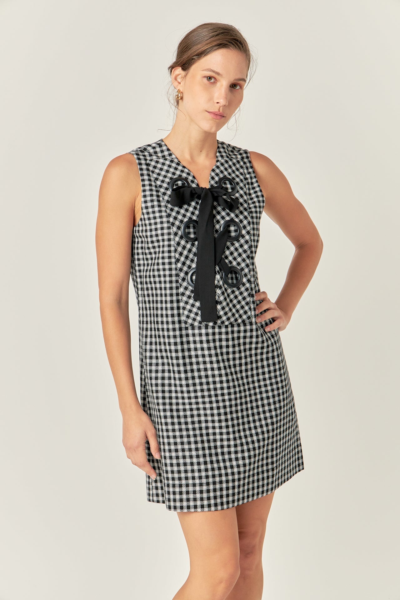 Check Sleeveless Grommet Mini Dress