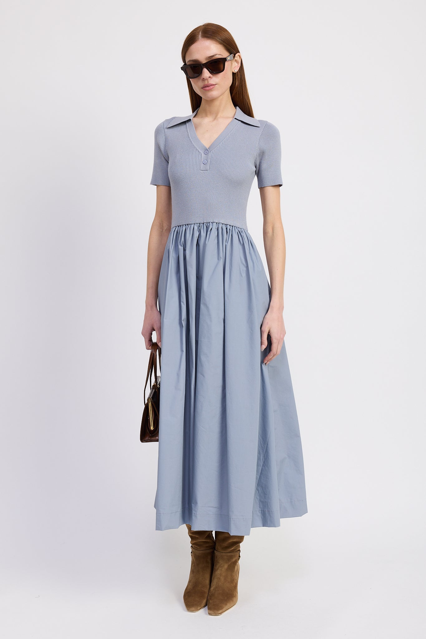 Stenson Mixed Media Midi Dress Dusty Blue