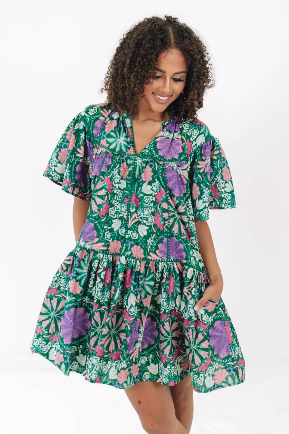 Green and Purple Floral Mini Dress