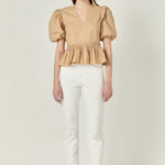 Eyelet Mixed Media Knit Top Tan
