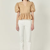 Eyelet Mixed Media Knit Top Tan