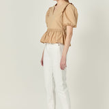 Eyelet Mixed Media Knit Top Tan