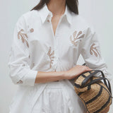 Lace Cutout Button Up White