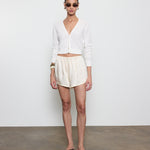 Linen Open Knit Cropped V-Neck Cardigan