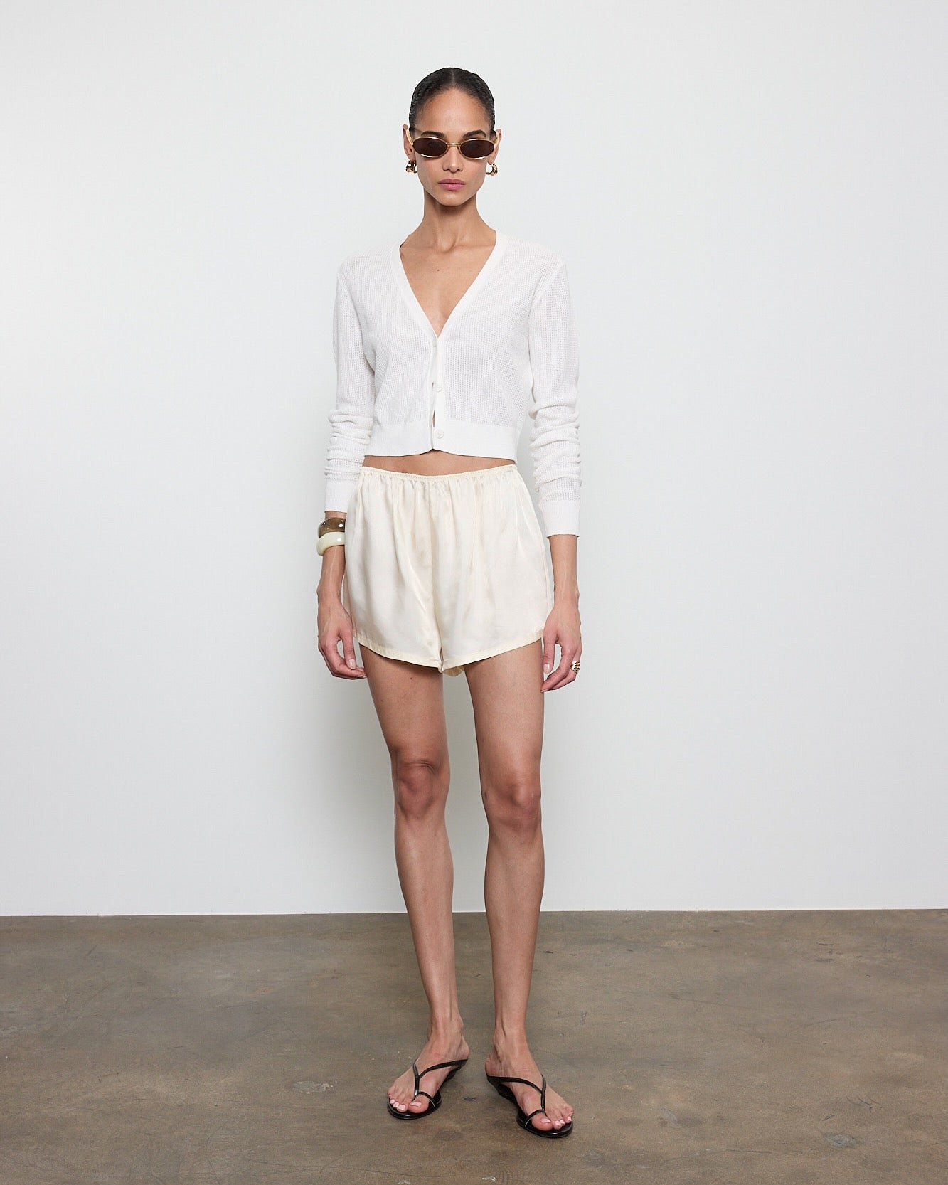 Linen Open Knit Cropped V-Neck Cardigan