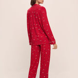 Gisele Printed Modal Long PJ Set with Ribbon Winter Wonderland Haute Red/Ivory W/ Ribbon