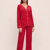 Gisele Printed Modal Long PJ Set with Ribbon Winter Wonderland Haute Red/Ivory W/ Ribbon