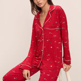 Gisele Printed Modal Long PJ Set with Ribbon Winter Wonderland Haute Red/Ivory W/ Ribbon