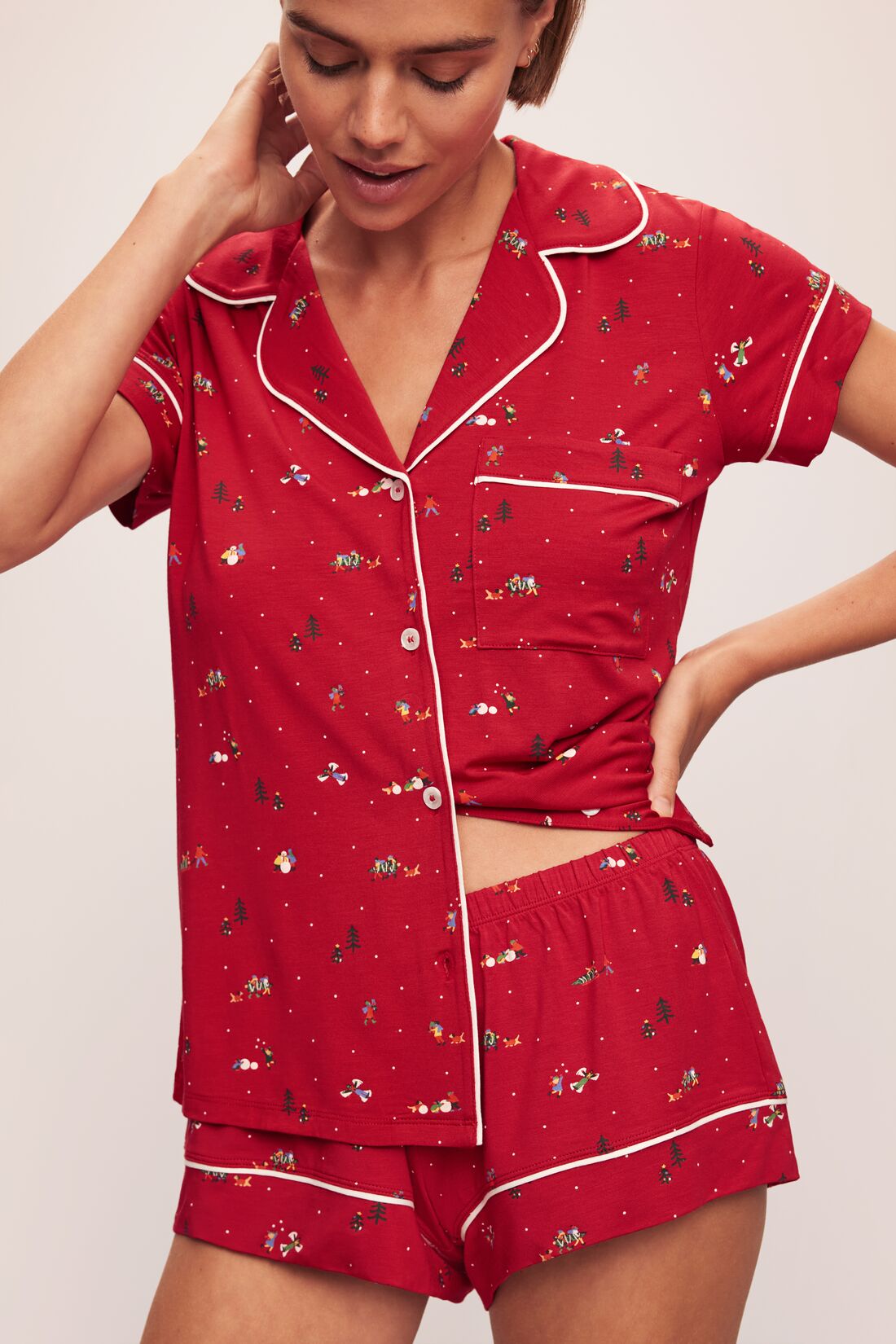 Shortie Red Robe Gisele Printed Modal Shortie Short PJ Set Winter Wonderland Haute Red ...