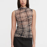 Plaid Mesh Sleeveless Twist Top