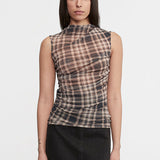 Plaid Mesh Sleeveless Twist Top