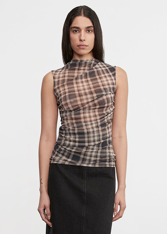 Plaid Mesh Sleeveless Twist Top