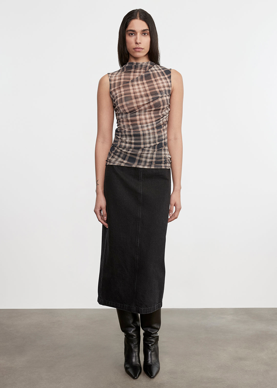 Plaid Mesh Sleeveless Twist Top