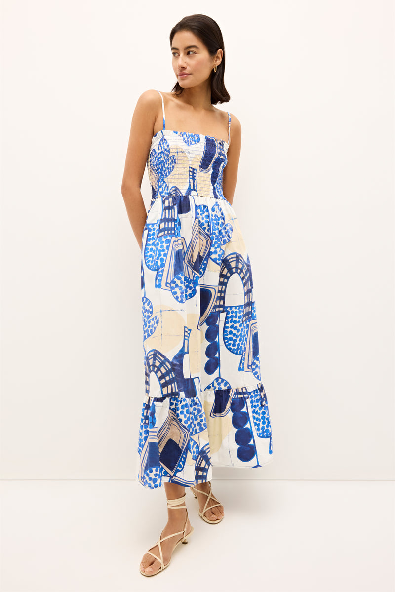 Neeley Smocked Abstract Print Cotton Midi Dress