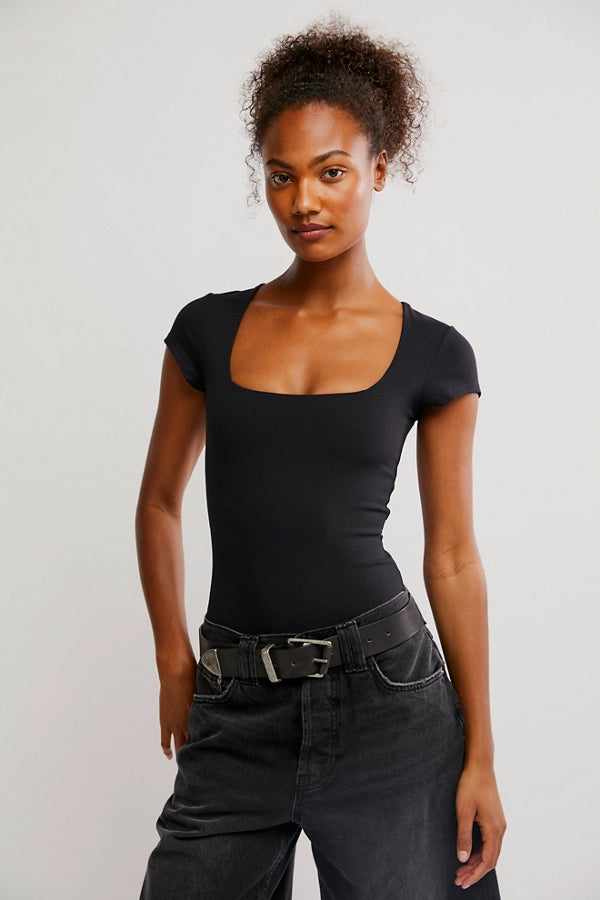 Square Neck Basic Bodysuit Black