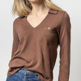 Lilla P Long Sleeve Collared V-Neck Java