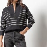 Lilla P Striped Zip Front Sweater Black Stripe