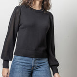 Lilla P Pointelle Sleeve Crewneck Sweater Black