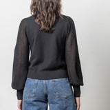 Lilla P Pointelle Sleeve Crewneck Sweater Black