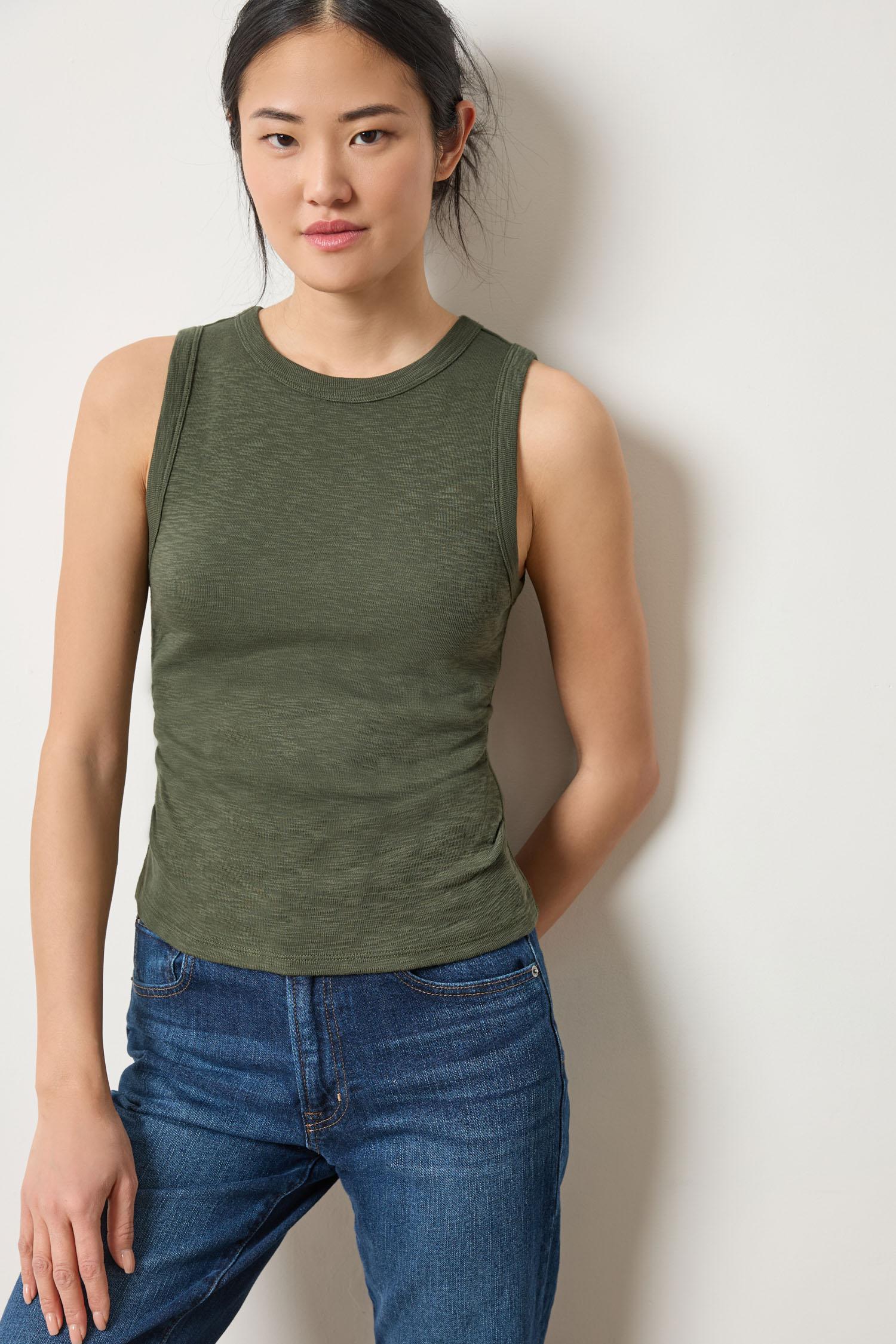 Rib Slub Side Pleat Tank Lichen