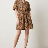 Shirred Sleeve Split Neck Dress Animal Floral