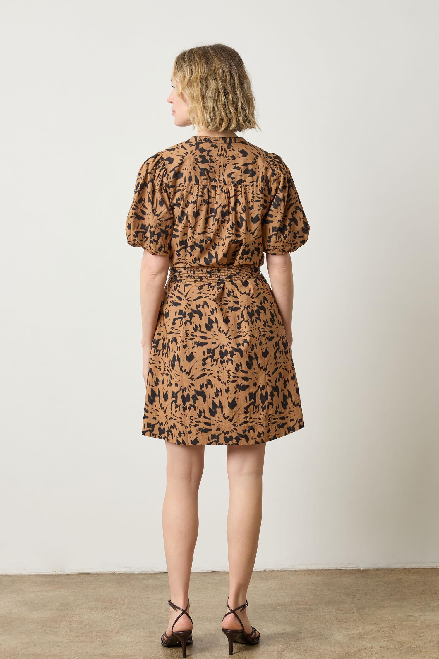 Shirred Sleeve Split Neck Dress Animal Floral