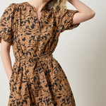 Shirred Sleeve Split Neck Dress Animal Floral