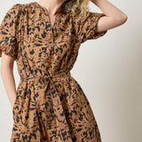 Shirred Sleeve Split Neck Dress Animal Floral