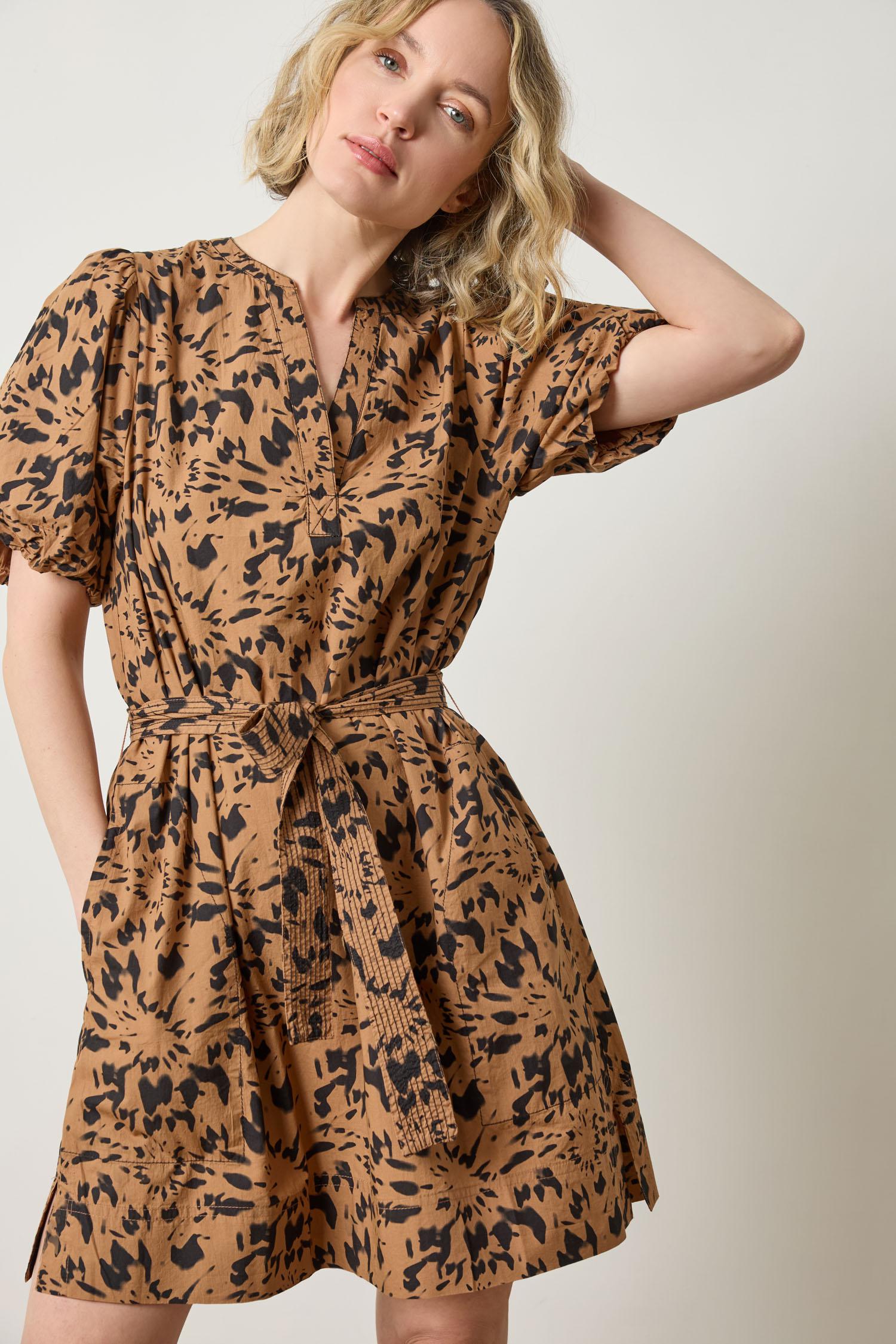 Shirred Sleeve Split Neck Dress Animal Floral