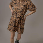 Shirred Sleeve Split Neck Dress Animal Floral