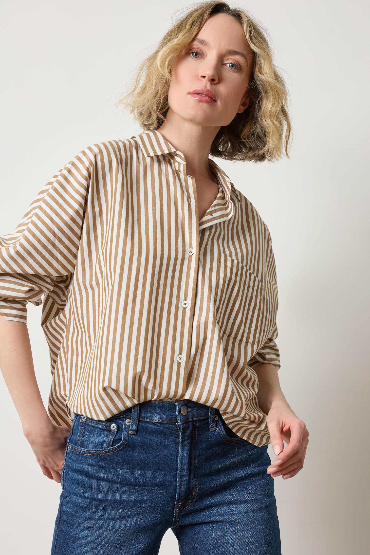 Dolman Sleeve Button Down Shirt Dijon/Talc Stripe