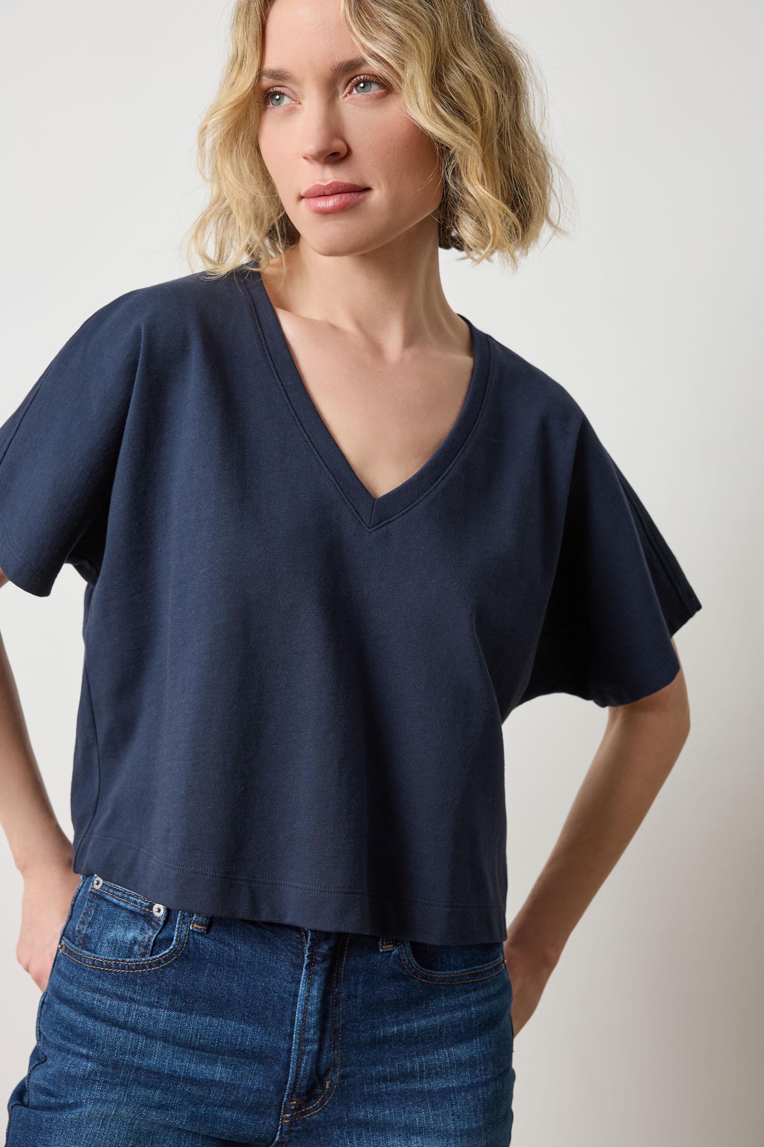 Short Sleeve V-Neck Dolman Navy