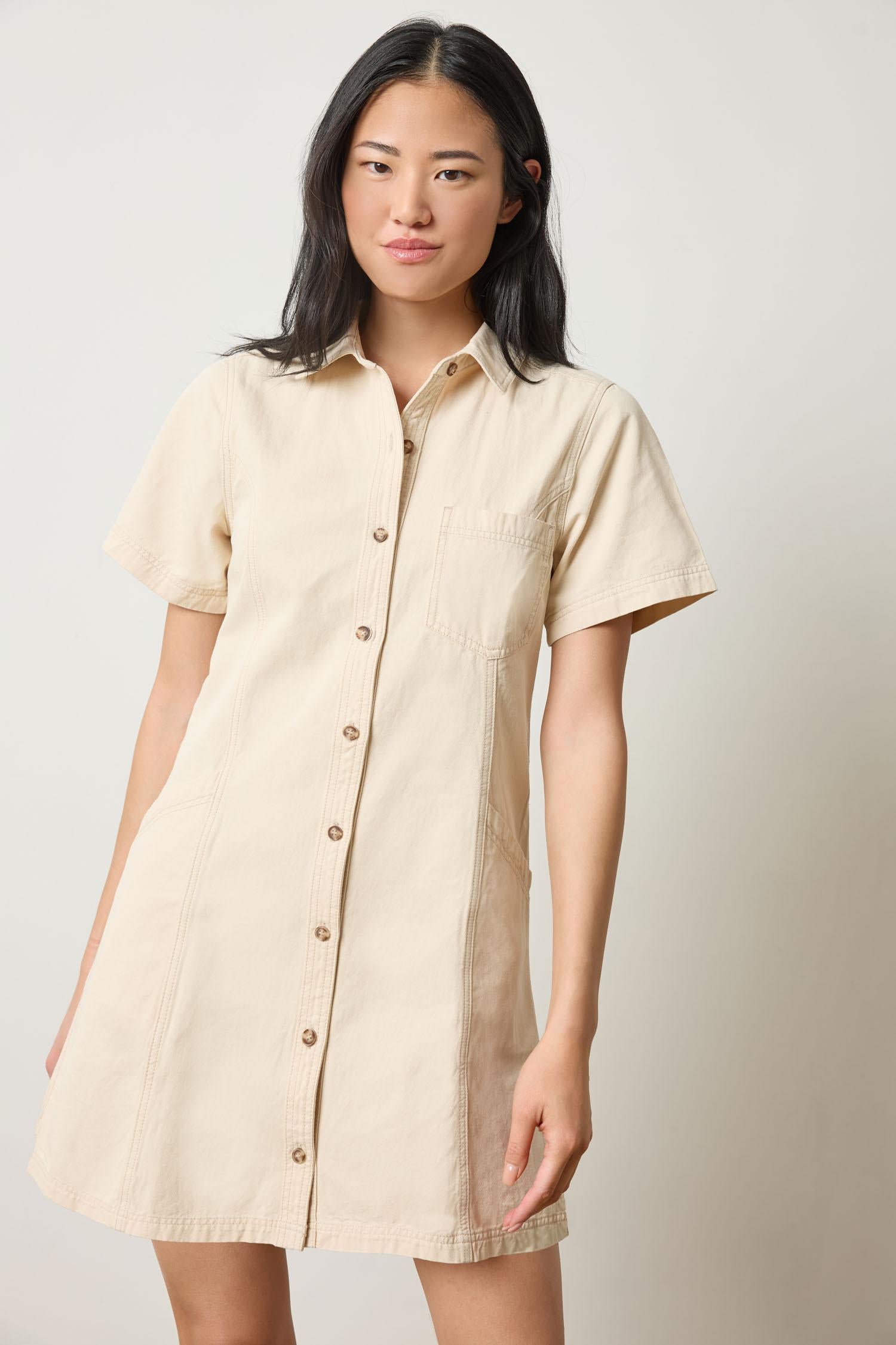 Twill Paneled Shirt Dress Eggshell