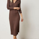 Long Sleeve Rib Henley Dress Mink Brown