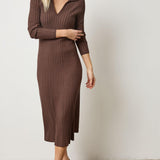 Long Sleeve Rib Henley Dress Mink Brown