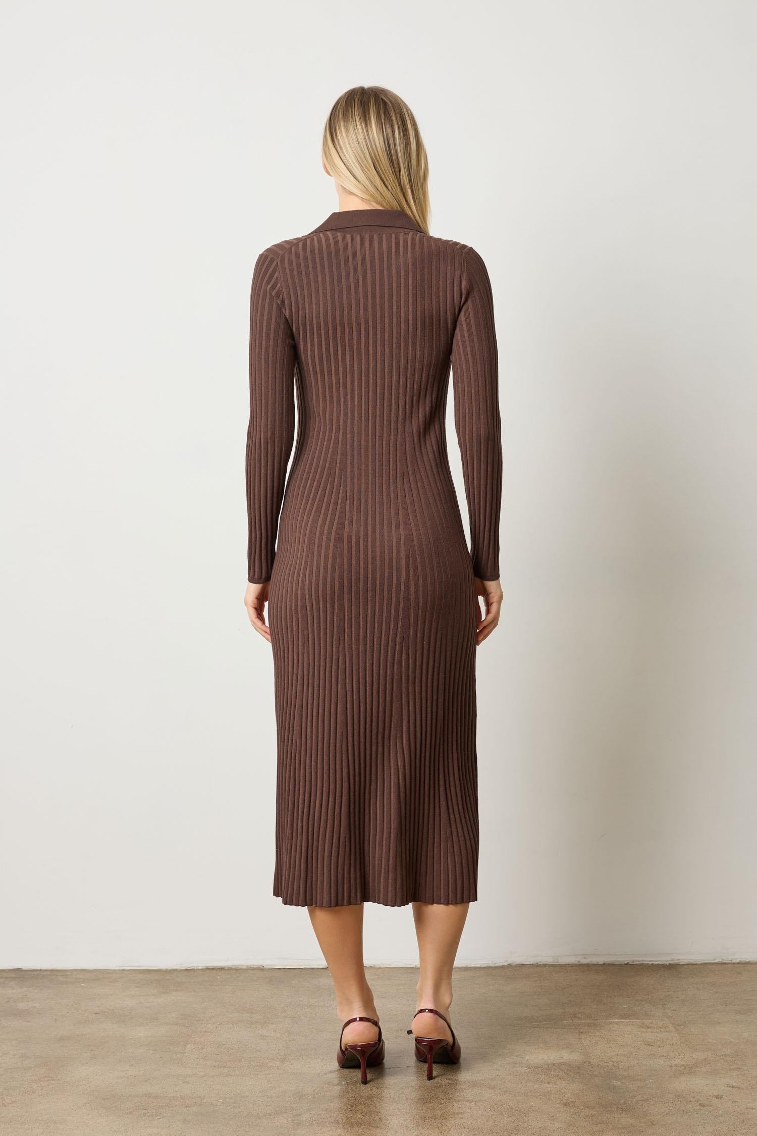 Long Sleeve Rib Henley Dress Mink Brown